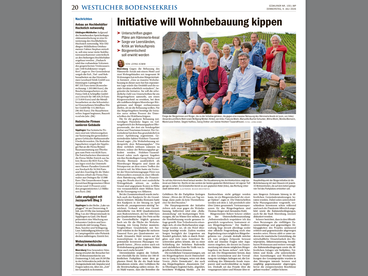 SÜDKURIER vom 9. Juli 2026: Initiative will Wohnbebauung kippen